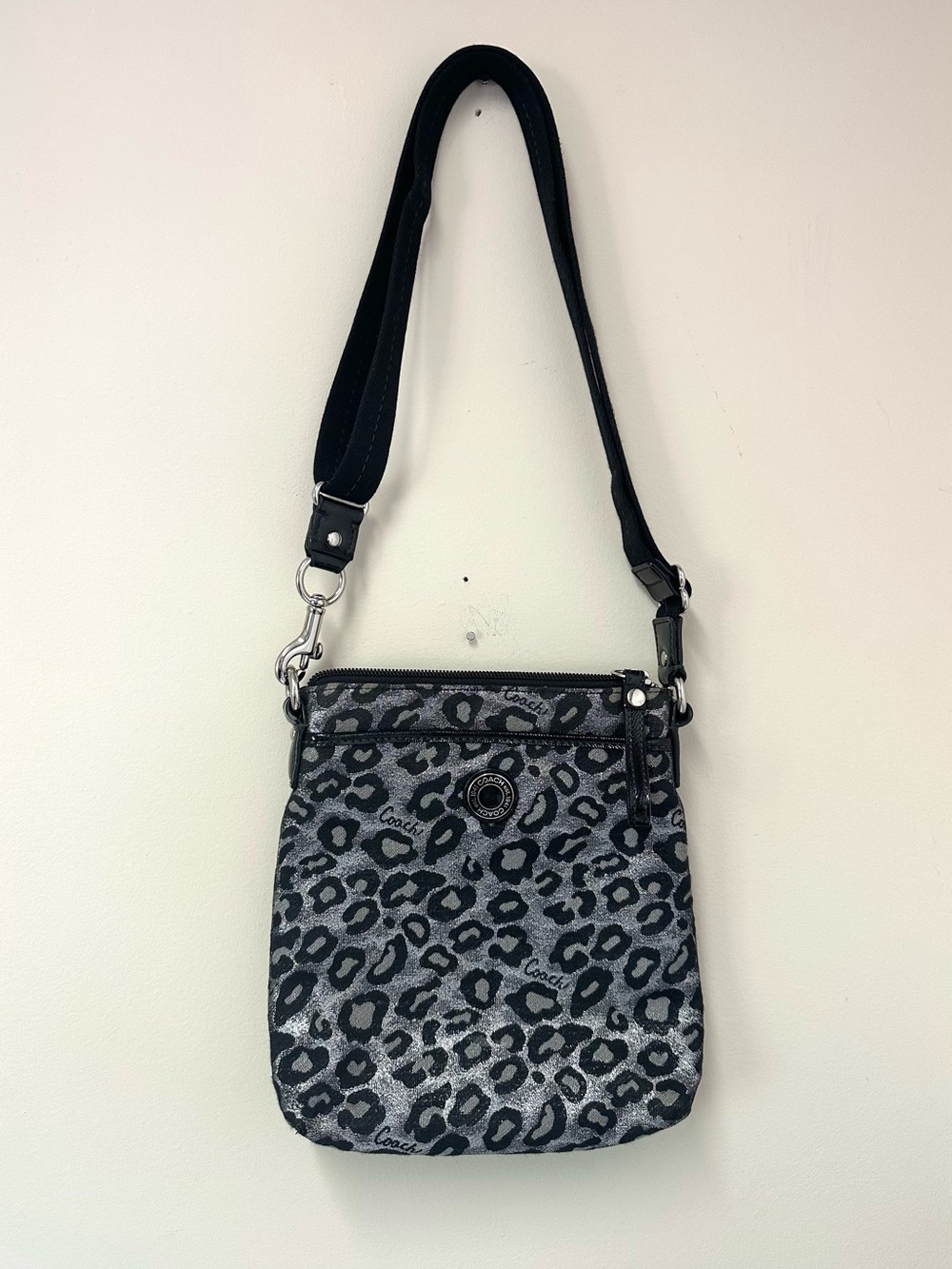Coach Ocelot Leopard Black and Silver Swingpack Crossbody Bag